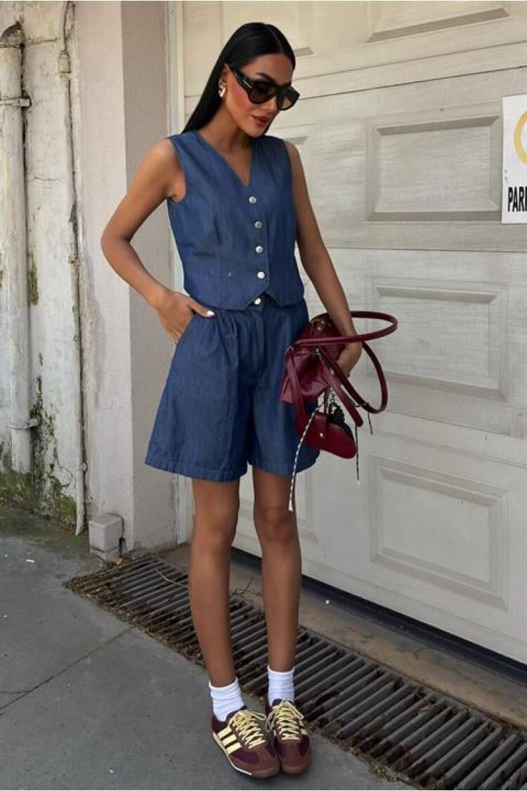 Silver Buttoned Vest And Shorts Tensel Suit