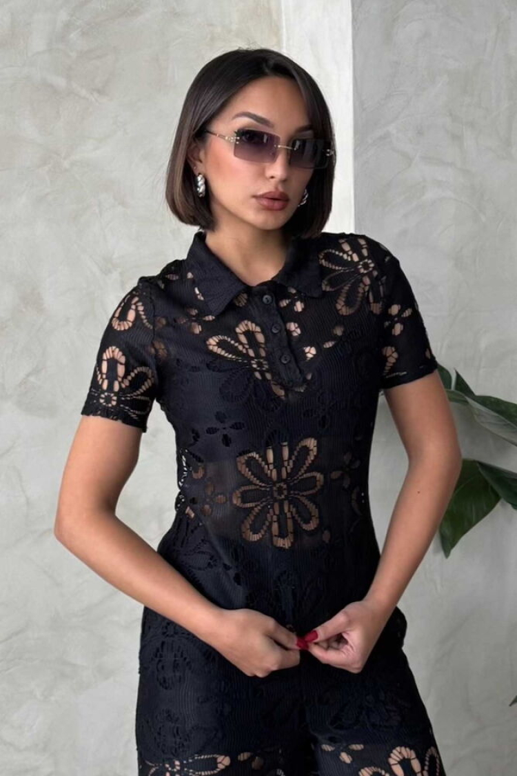 Shirt Collar Lace Blouse - Black - Topshow - Globality Store - Women Clothes Wholesale Turkey