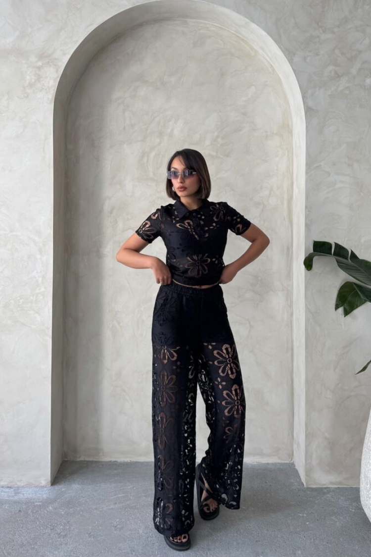 Shirt Collar Lace Blouse - Black