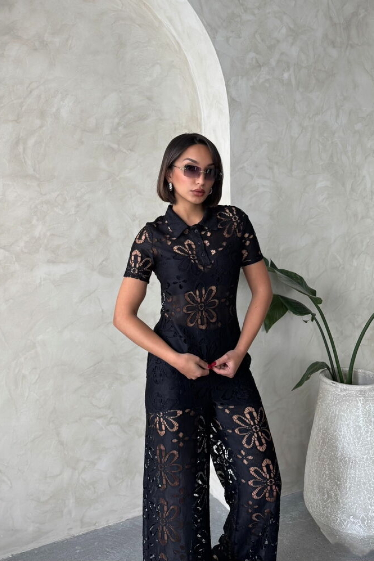Shirt Collar Lace Blouse - Black