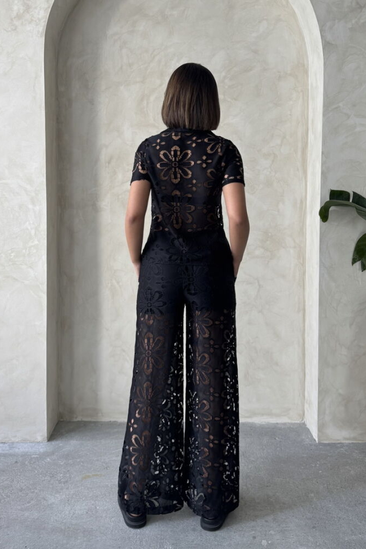 Shirt Collar Lace Blouse - Black