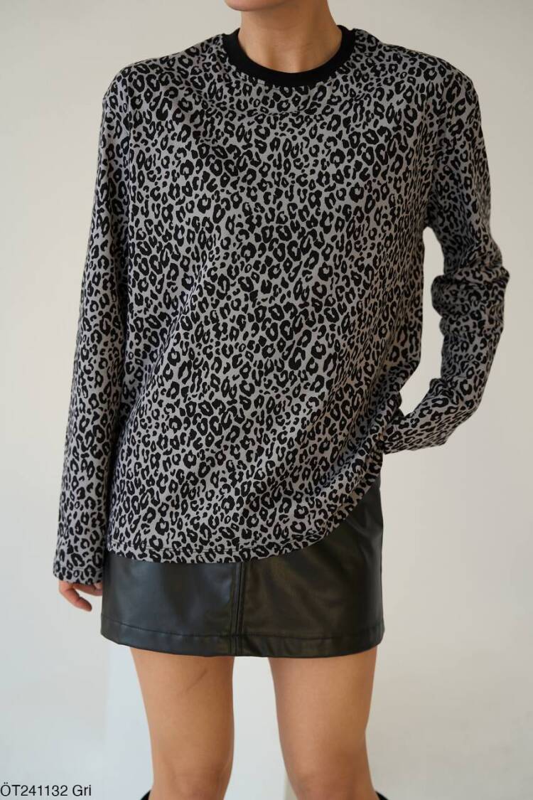 Long Sleeve Leopard T-shirt - Grey