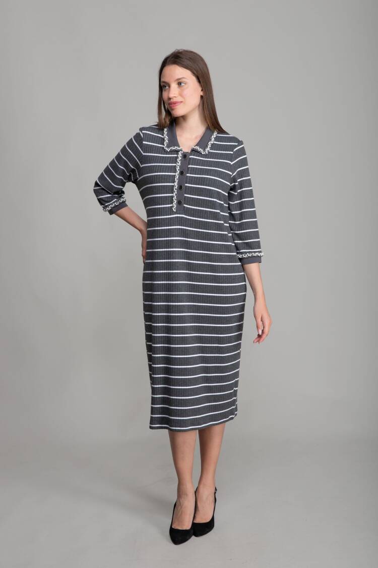 Shirt Collar Striped Dress - Multicolor