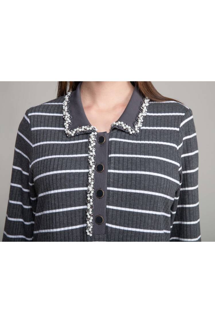 Shirt Collar Striped Dress - Multicolor