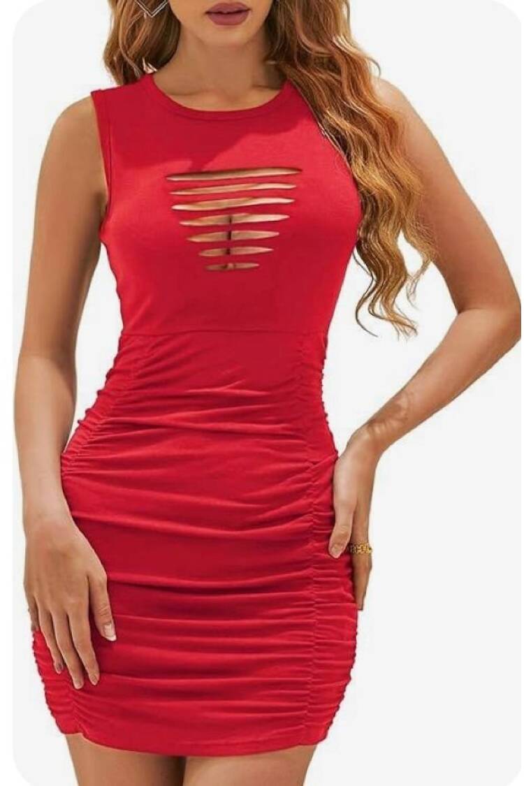 Women's Strappy Crew Neck Laser Decollete Detailed Short Janjan Crepe Dress
