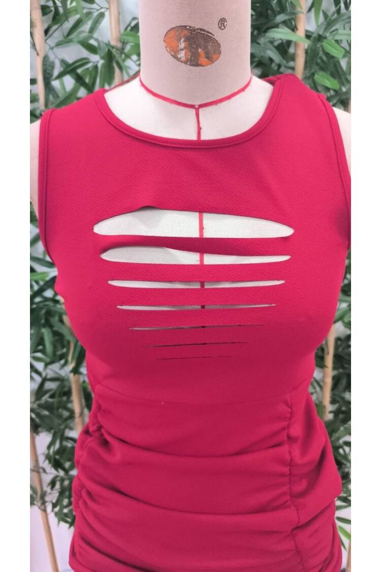 Women's Strappy Crew Neck Laser Decollete Detailed Short Janjan Crepe Dress