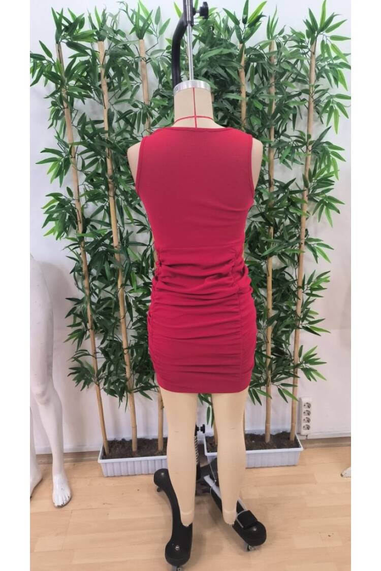 Women's Strappy Crew Neck Laser Decollete Detailed Short Janjan Crepe Dress