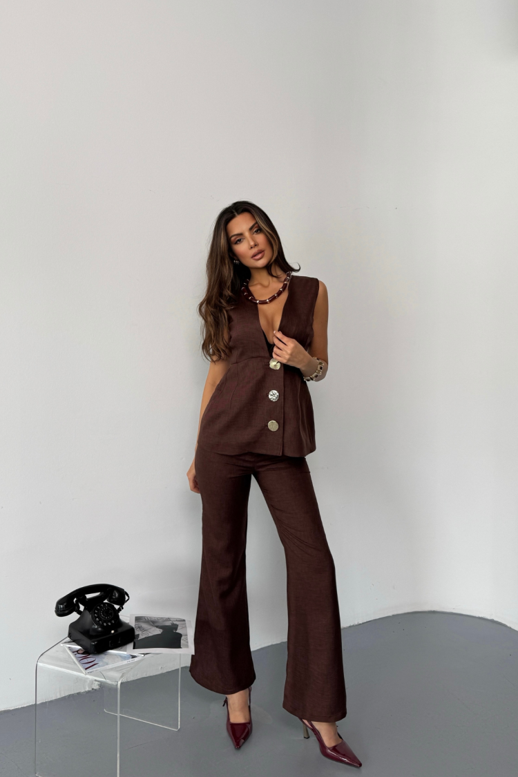 Linen Gold Buttoned Vest Trousers Suit