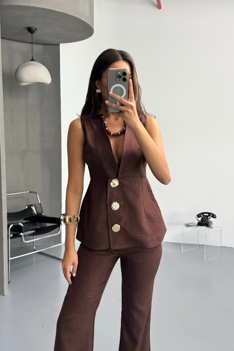 Linen Gold Buttoned Vest Trousers Suit
