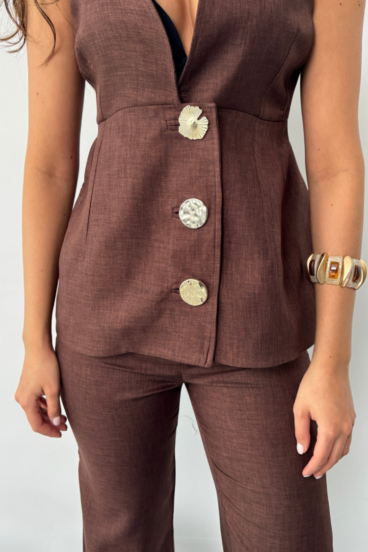 Linen Gold Buttoned Vest Trousers Suit