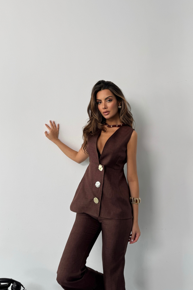 Linen Gold Buttoned Vest Trousers Suit