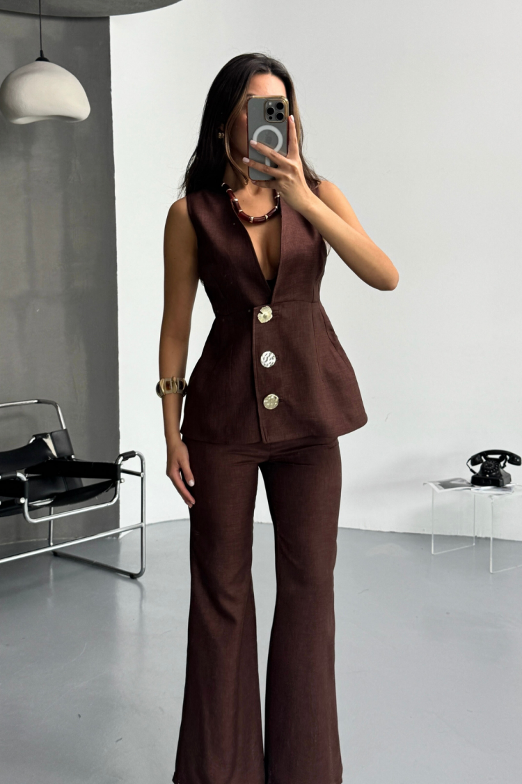 Linen Gold Buttoned Vest Trousers Suit