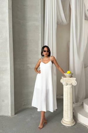 Slippery Dress With Adjustable Straps - White - Mode Roy - Globality Store - Women Clothes Wholesale Turkey