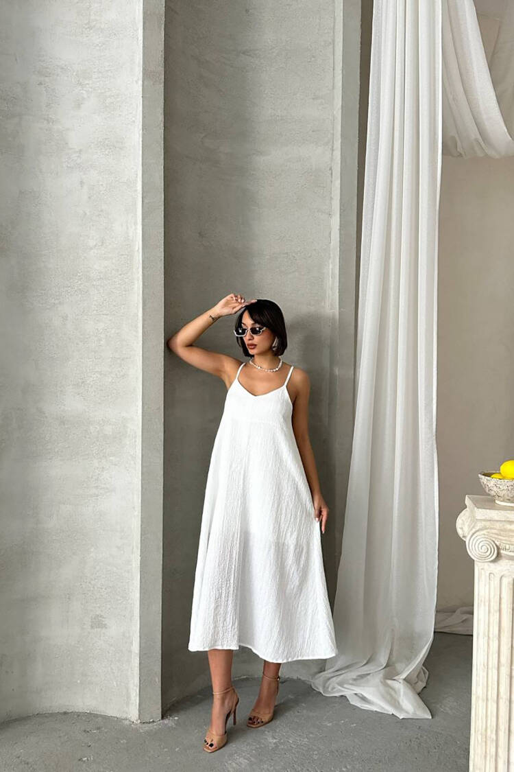 Slippery Dress With Adjustable Straps - White - Mode Roy - Globality Store - Women Clothes Wholesale Turkey