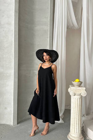 Slippery Dress With Adjustable Straps - Black - Mode Roy - Globality Store - Women Clothes Wholesale Turkey