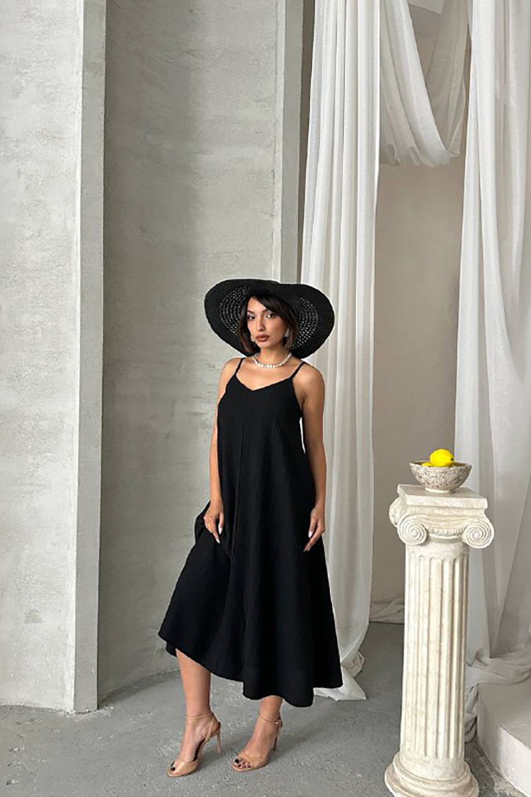 Slippery Dress With Adjustable Straps - Black - Mode Roy - Globality Store - Women Clothes Wholesale Turkey