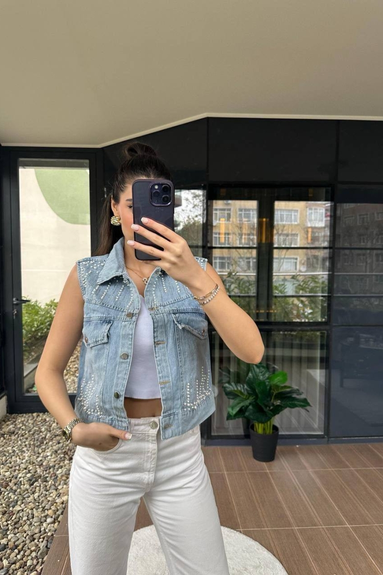 Pearl Jean Vest - Fiori - Globality Store - Women Clothes Wholesale Turkey