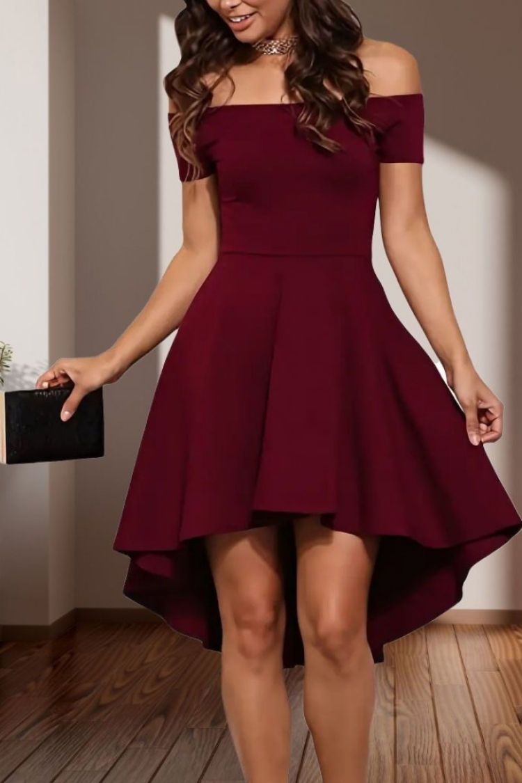 Women's Short Sleeve Madonna Collar Front Short Back Long Imported Crepe Dress - Burgundy - Janes - Globality Store - Women Clothes Wholesale Turkey