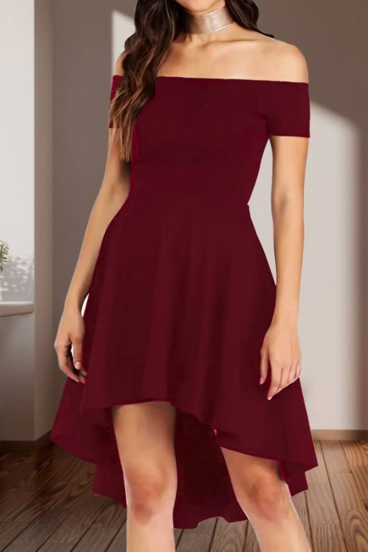 Women's Short Sleeve Madonna Collar Front Short Back Long Imported Crepe Dress - Burgundy