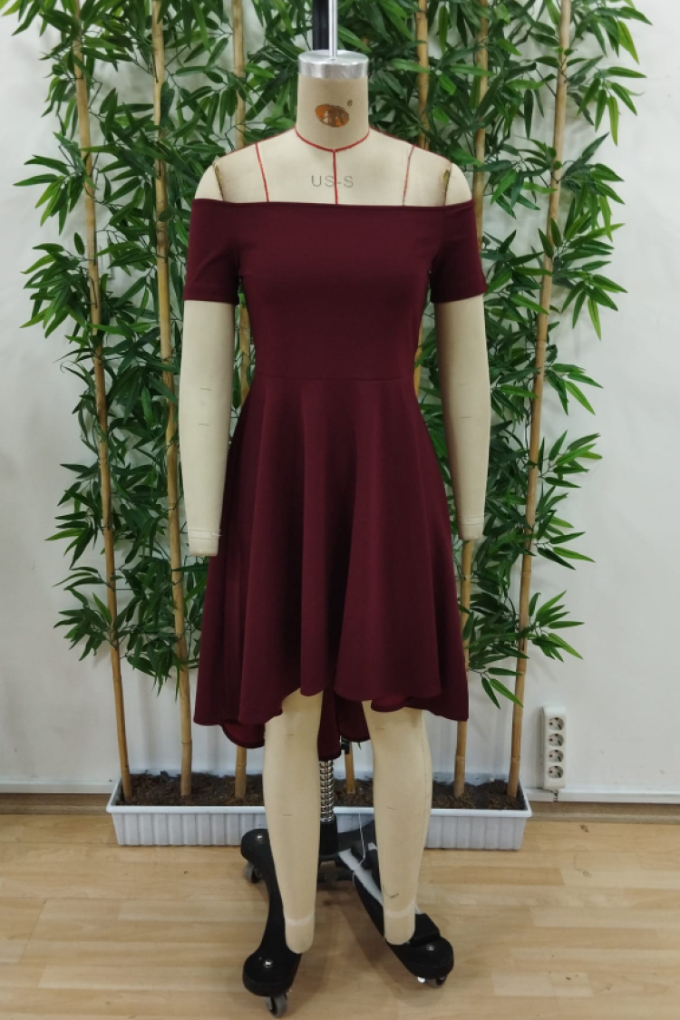 Women's Short Sleeve Madonna Collar Front Short Back Long Imported Crepe Dress - Burgundy