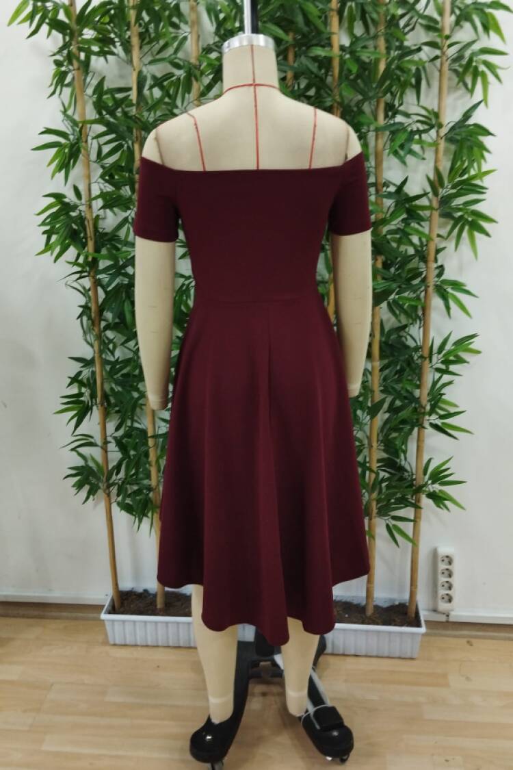 Women's Short Sleeve Madonna Collar Front Short Back Long Imported Crepe Dress - Burgundy