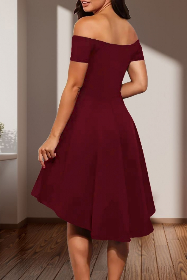 Women's Short Sleeve Madonna Collar Front Short Back Long Imported Crepe Dress - Burgundy