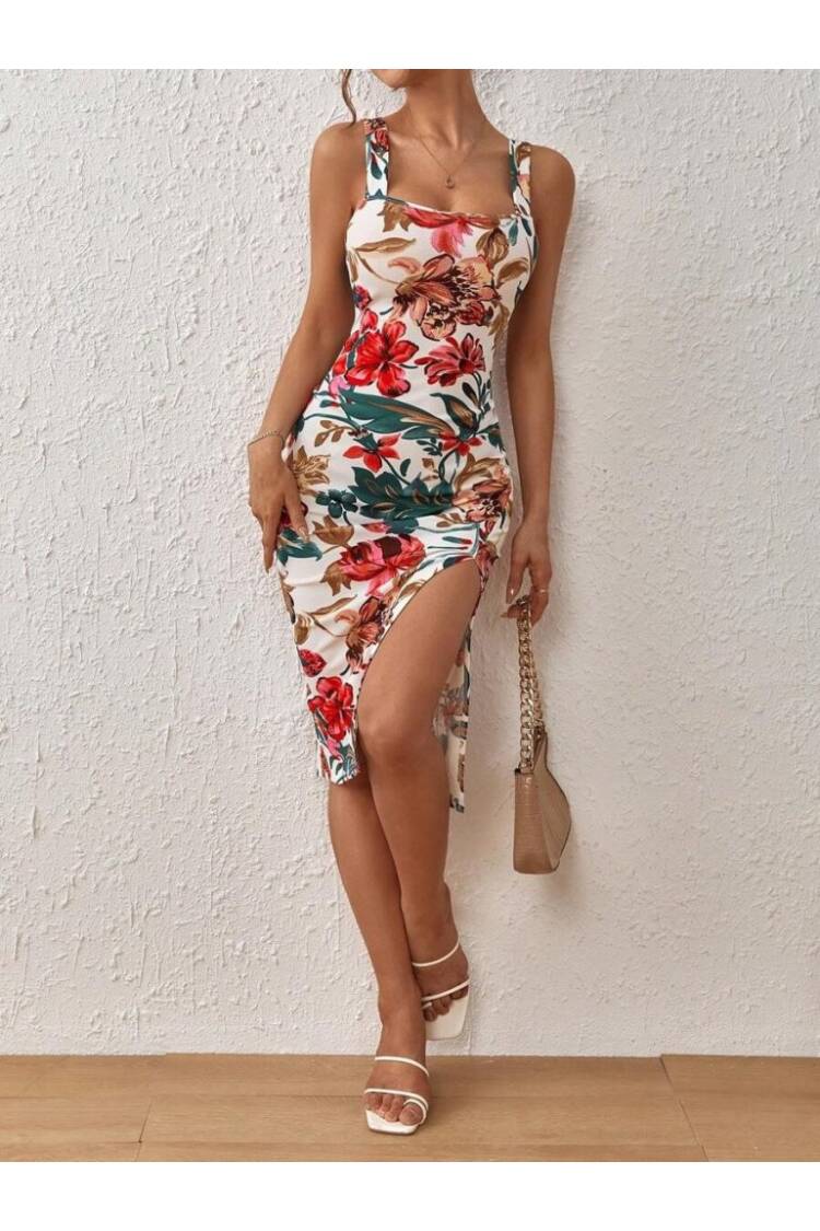 Women's Strappy Square Neck Slit Floral Pattern Plunge Dress - Mix Color