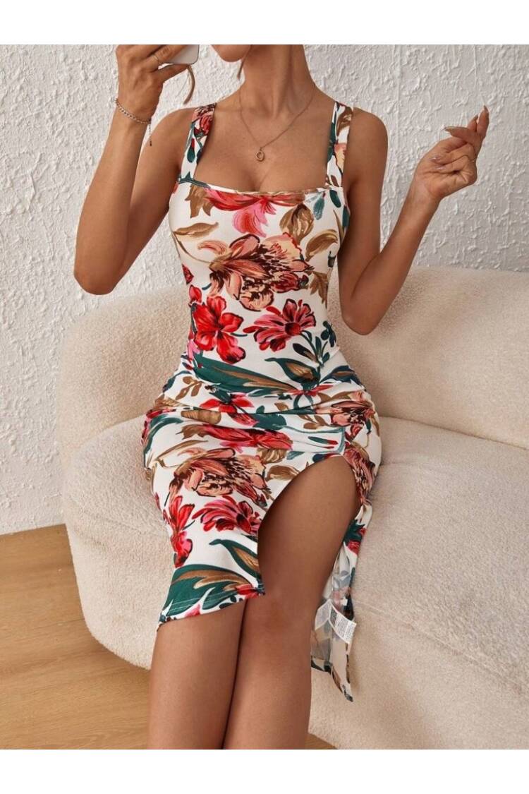 Women's Strappy Square Neck Slit Floral Pattern Plunge Dress - Mix Color