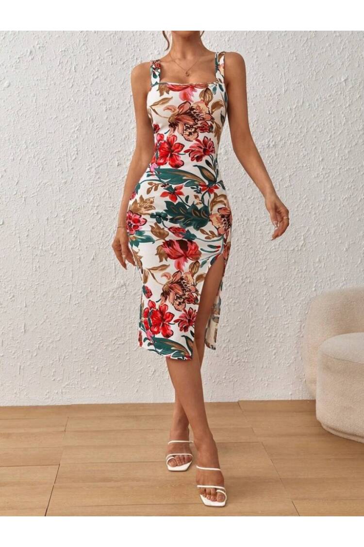 Women's Strappy Square Neck Slit Floral Pattern Plunge Dress - Mix Color