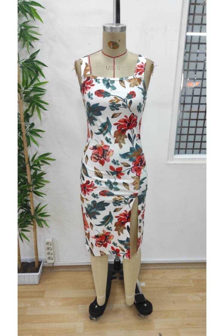 Women's Strappy Square Neck Slit Floral Pattern Plunge Dress - Mix Color