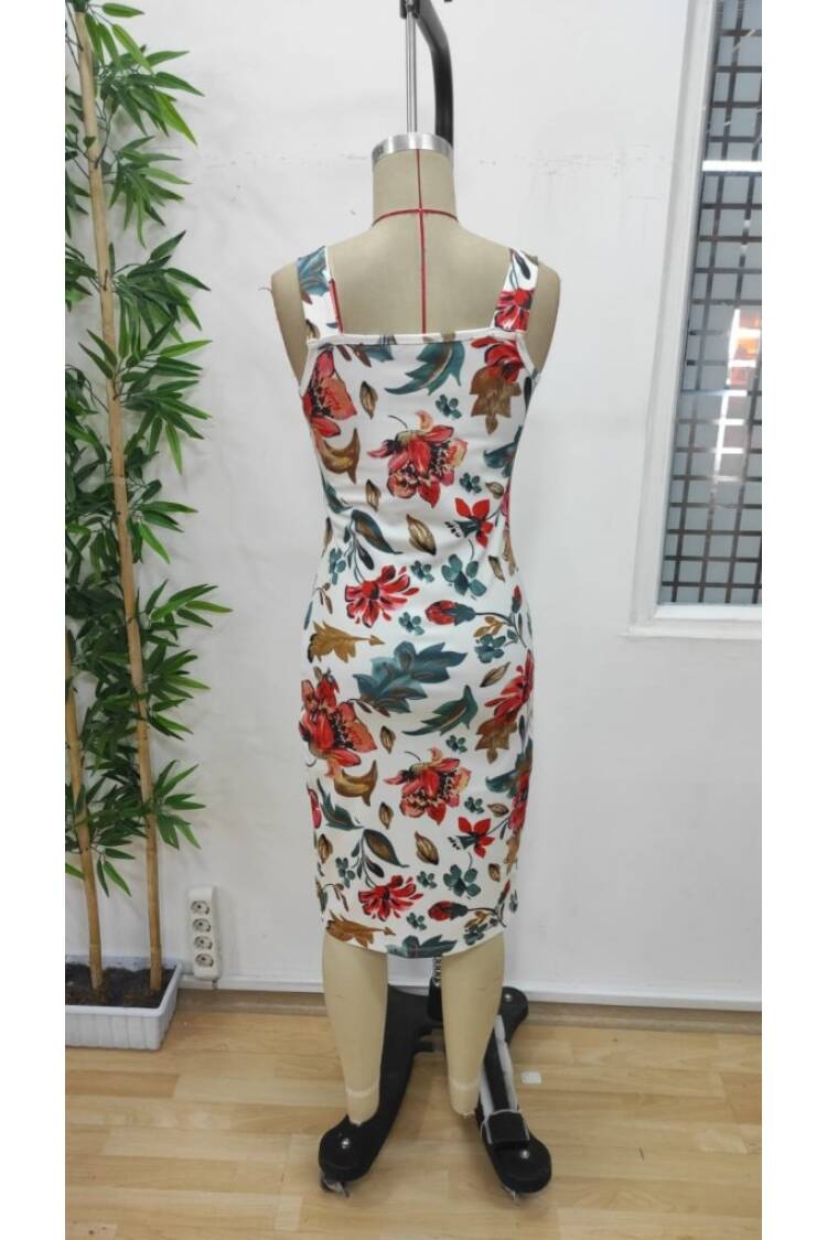 Women's Strappy Square Neck Slit Floral Pattern Plunge Dress - Mix Color