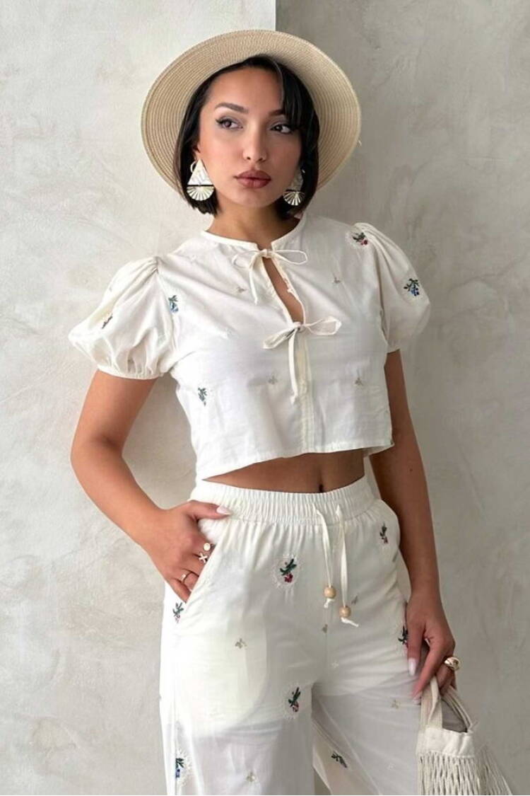 Front Tie Embroidered Blouse - Stone - Topshow - Globality Store - Women Clothes Wholesale Turkey