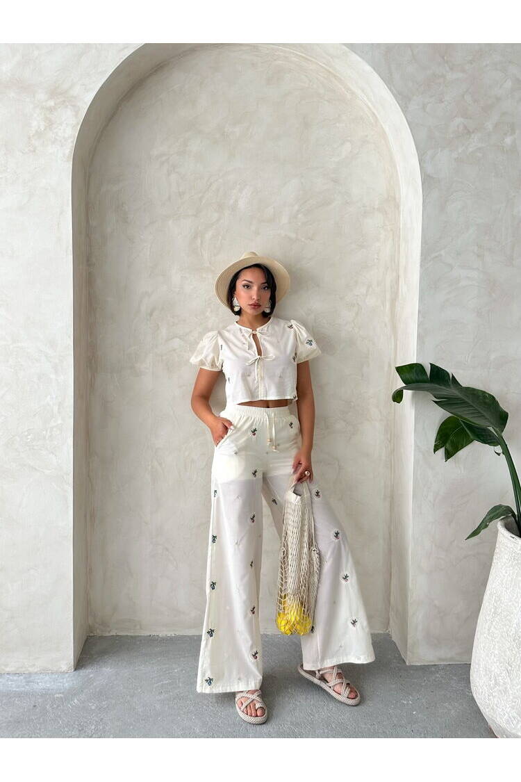 Front Tie Embroidered Blouse - Stone