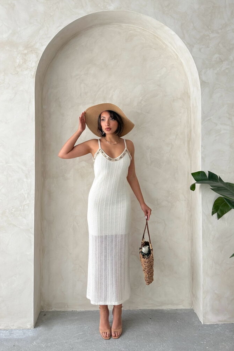 Stripe Detailed Lace Dress - Raw