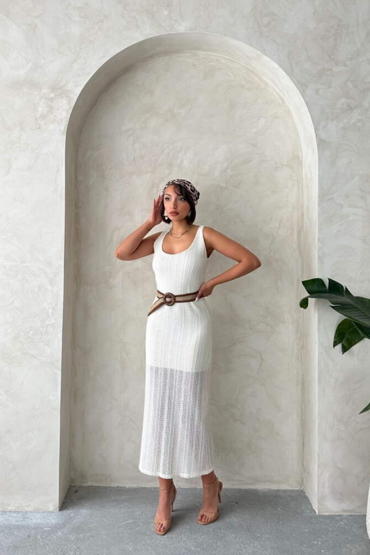 Lace Dress With Belt - Raw