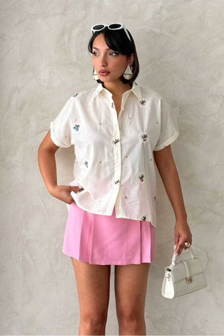 Embroidered Shirt - Stone - Topshow - Globality Store - Women Clothes Wholesale Turkey