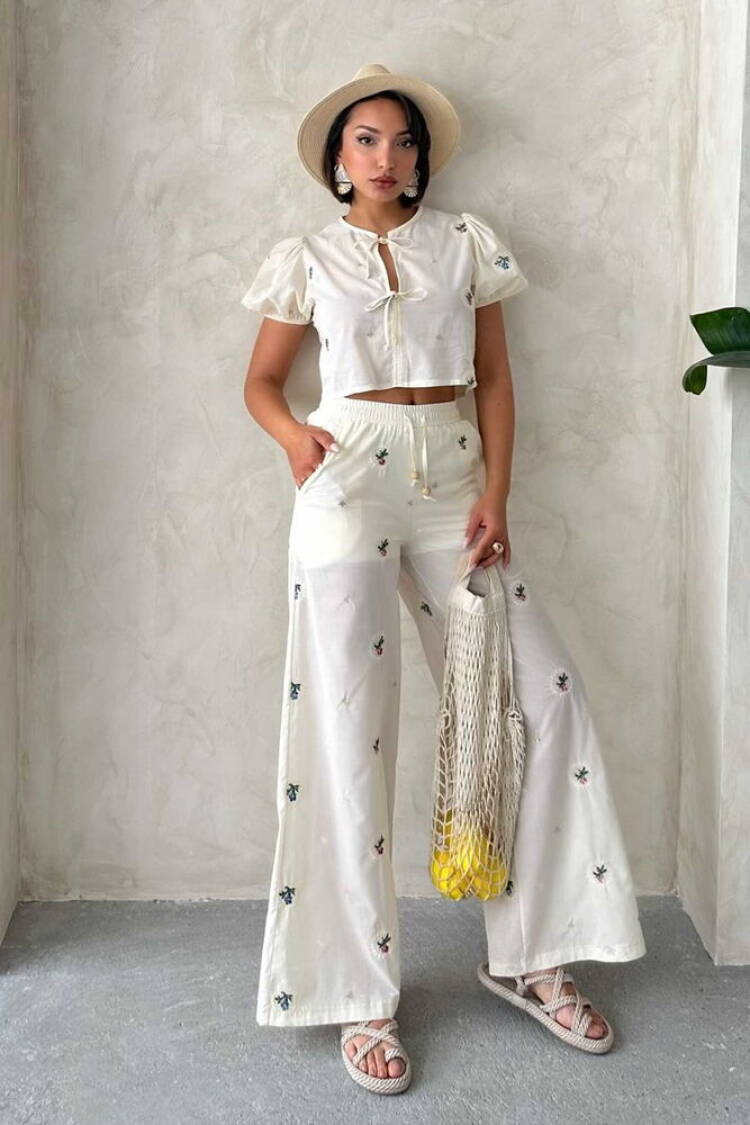 Embroidered Pants - Stone - Topshow - Globality Store - Women Clothes Wholesale Turkey