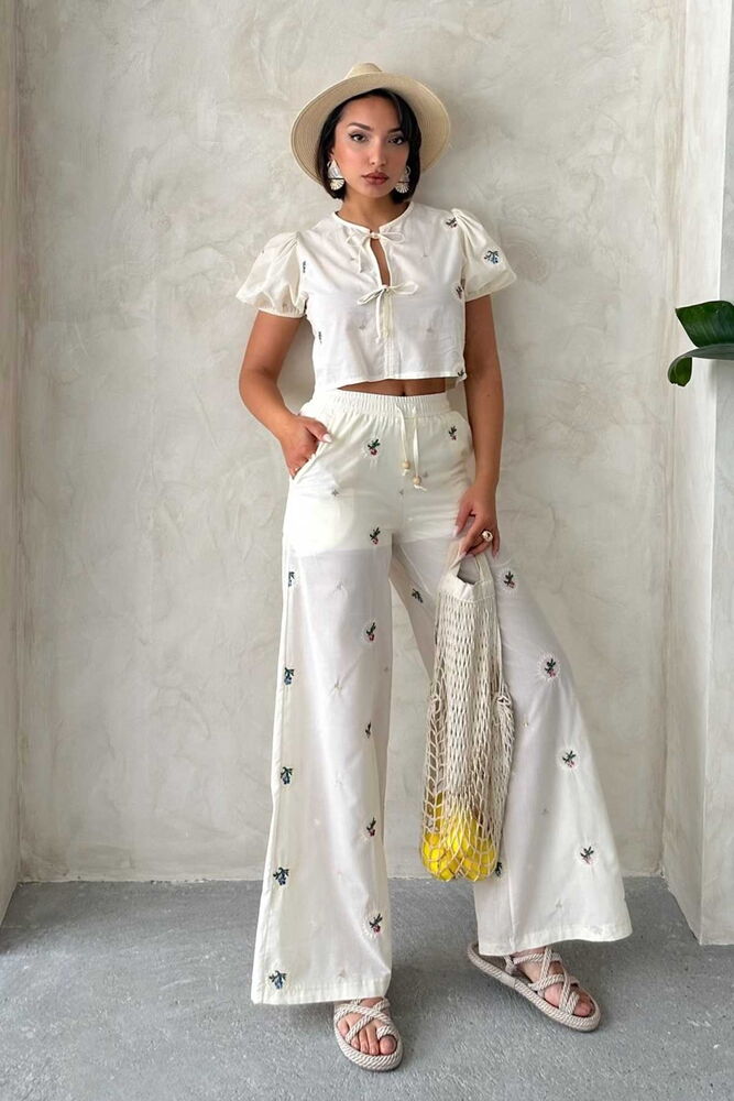 Embroidered Pants - Stone - Topshow - Globality Store - Women Clothes Wholesale Turkey
