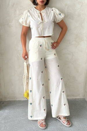 Embroidered Pants - Stone - Topshow - Globality Store - Women Clothes Wholesale Turkey