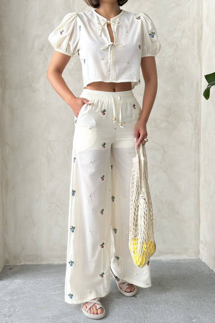 Embroidered Pants - Stone