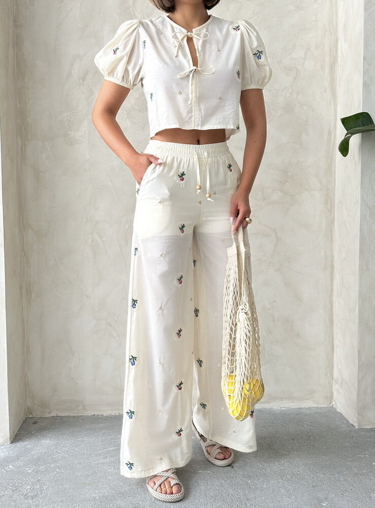 Embroidered Pants - Stone