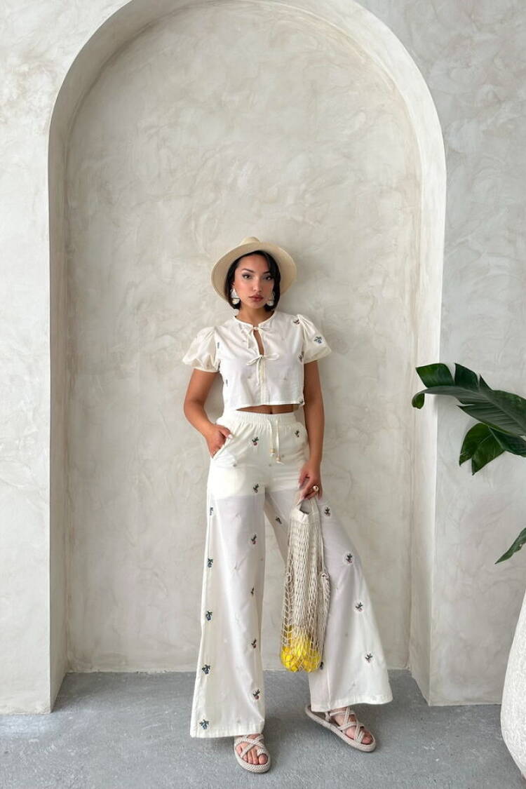 Embroidered Pants - Stone