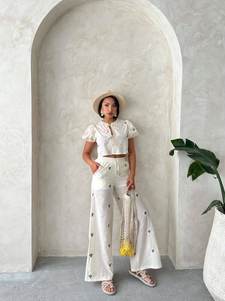 Embroidered Pants - Stone