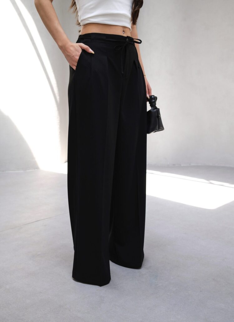 Wide Leg Pants With Elastic Waist And Lace
