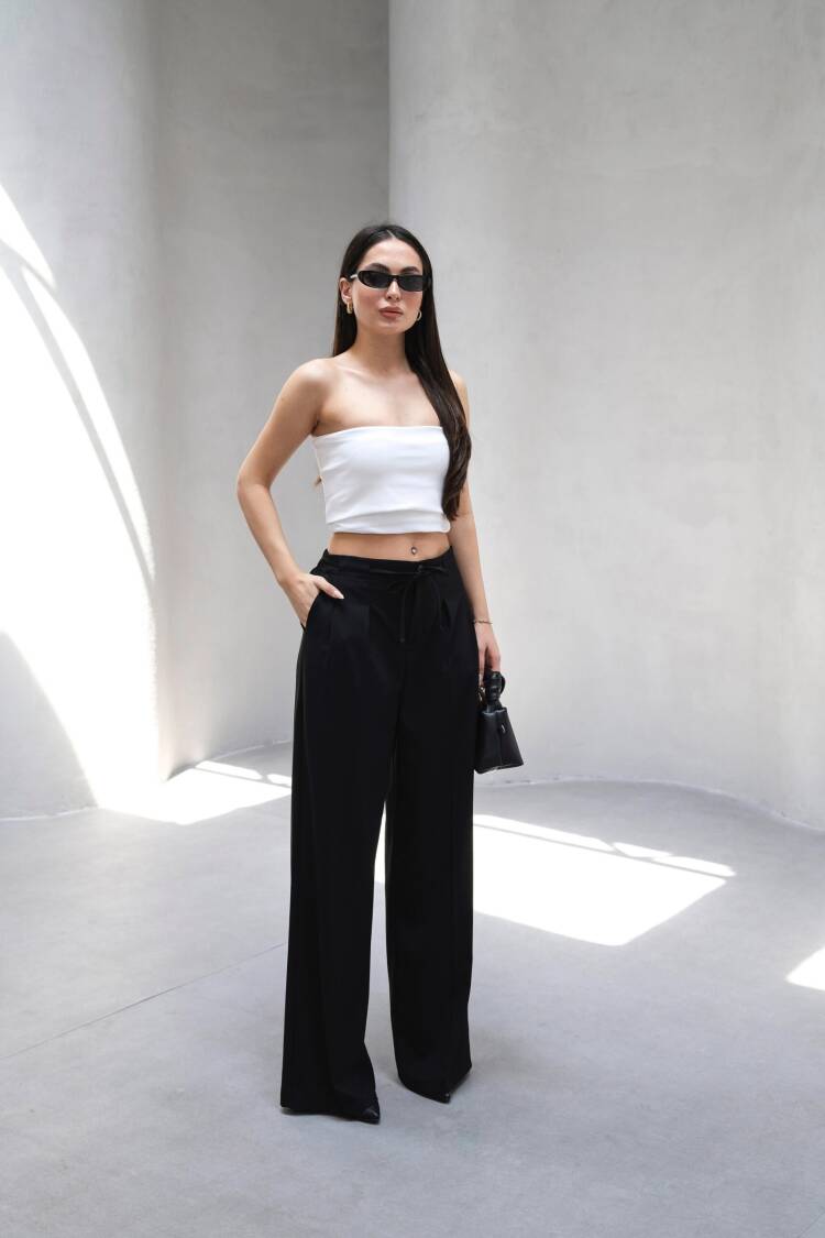 Wide Leg Pants With Elastic Waist And Lace