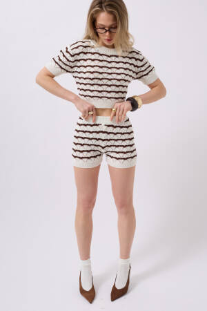 Openwork Knit Detail Shorts -- Brown - Black Fashion - Globality Store - Women Clothes Wholesale Turkey