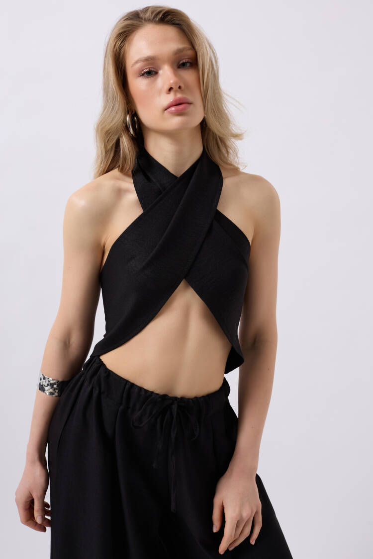 Cross Tie Linen Crop - Black Fashion - Globality Store - Women Clothes Wholesale Turkey