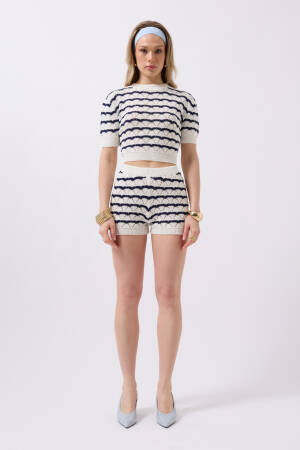 Openwork Knit Detail Shorts -- Navy - Black Fashion - Globality Store - Women Clothes Wholesale Turkey