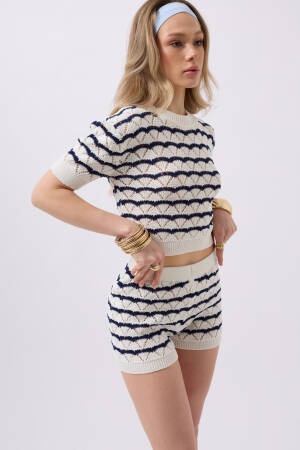 Openwork Knit Detail Shorts -- Navy - Black Fashion - Globality Store - Women Clothes Wholesale Turkey