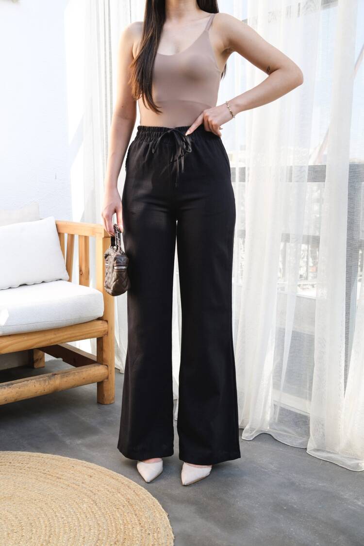 Linen Pants With Elastic Waist And Lace